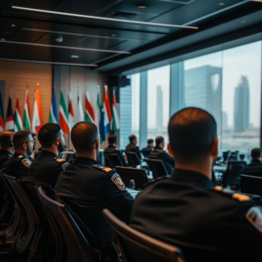 Internationale Polizeikonferenz in Dubai mit Blick auf die Skyline hand with phone taking picture