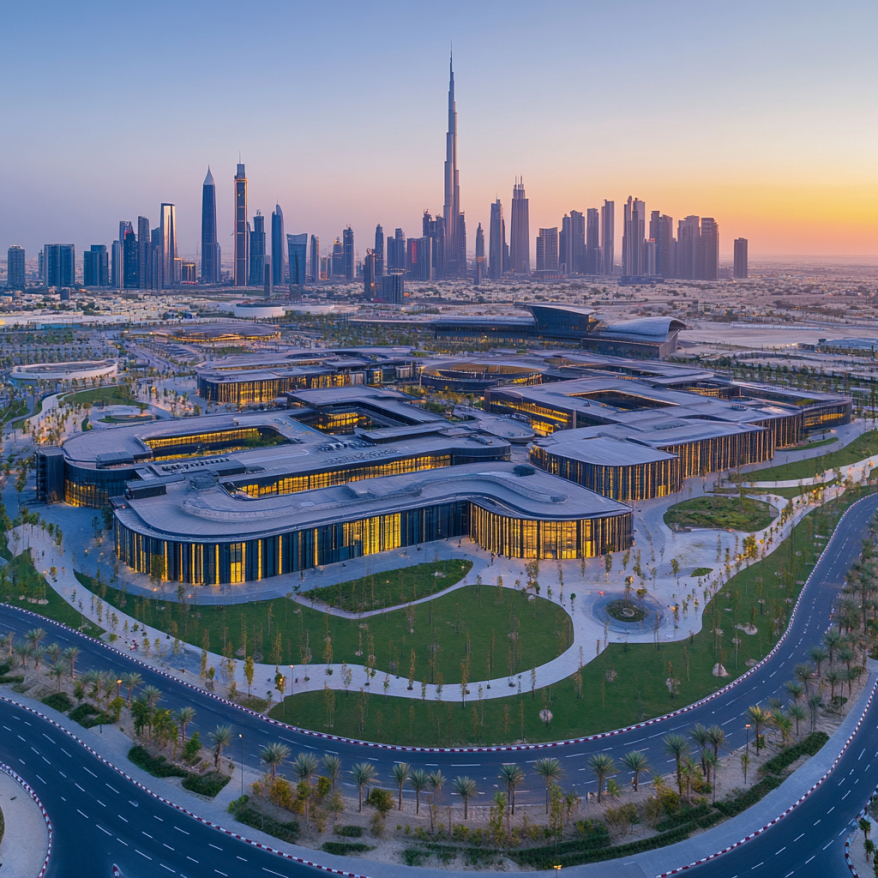 Luftaufnahme der Dubai Police Academy mit der Skyline und dem Burj Khalifa im Hintergrund.