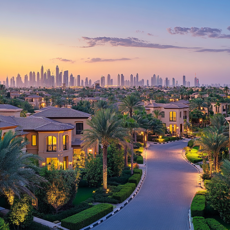 A luxurious residential area in Dubai with a view of the skyline at sunset.