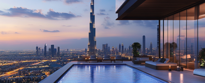 Ein luxuriöses Apartment mit Pool und atemberaubendem Blick auf den Burj Khalifa bei Sonnenuntergang.