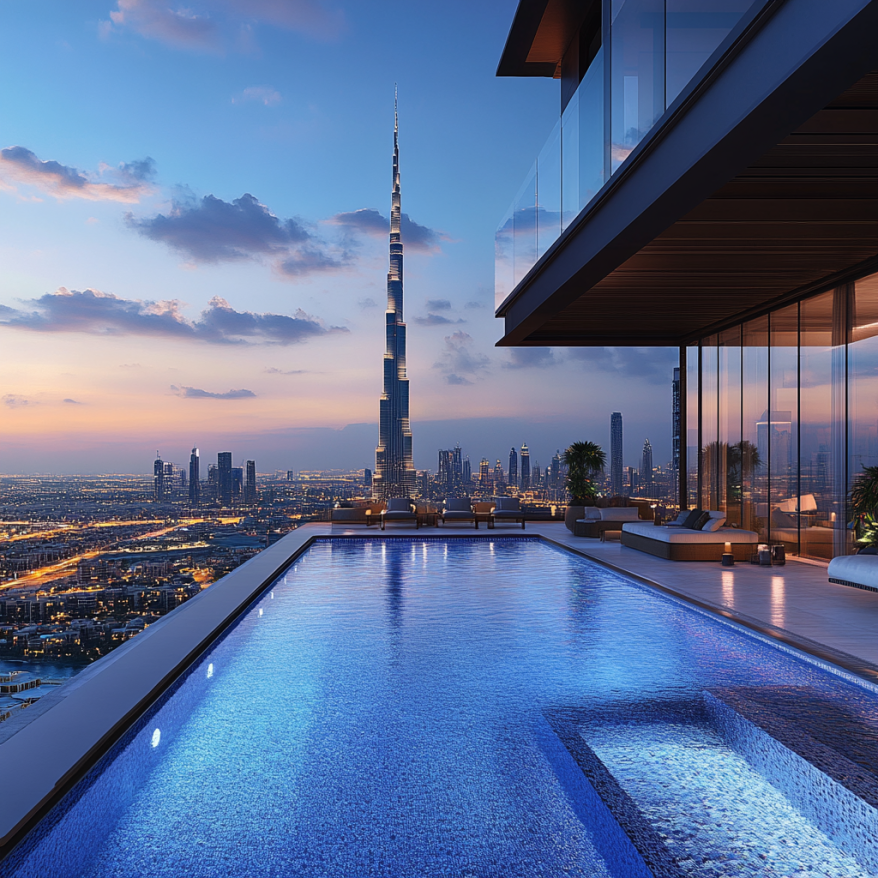 Ein luxuriöses Apartment mit Pool und atemberaubendem Blick auf den Burj Khalifa bei Sonnenuntergang.