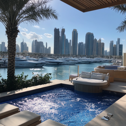 Luxusapartment mit Pool und Blick auf die Dubai Marina Skyline Ein luxuriöses Apartment in Dubai mit Pool und Blick auf die Skyline von Dubai Marina.