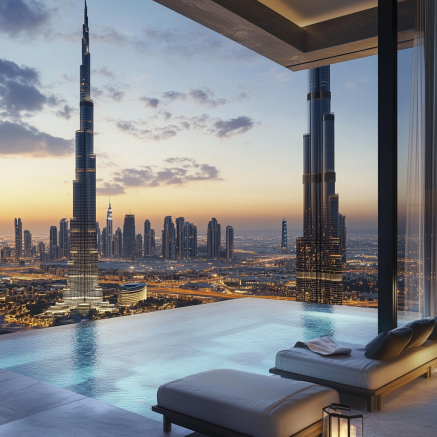 Luxusapartment mit Infinity-Pool und Burj Khalifa Aussicht Ein luxuriöses Apartment mit Infinity-Pool und beeindruckendem Blick auf den Burj Khalifa bei Sonnenuntergang.