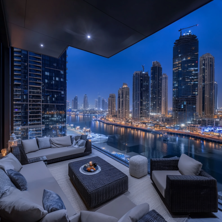 Luxusapartment mit Terrasse und Blick auf Dubai Marina bei Nacht Eine luxuriöse Terrasse mit Panoramablick auf Dubai Marina bei Nacht.