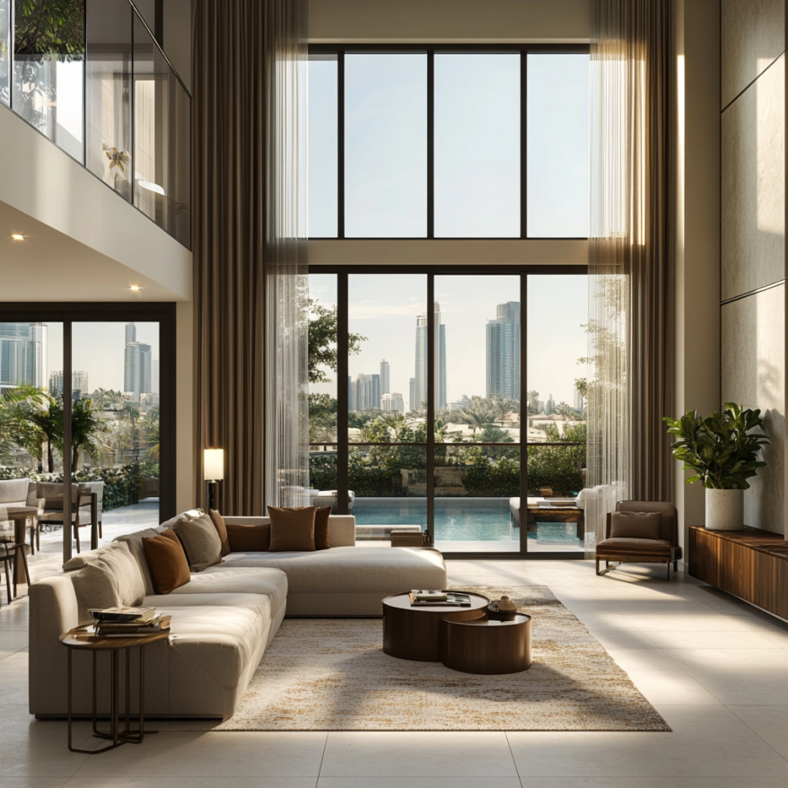 Modernes Luxusapartment mit Poolblick und hohen Fenstern in Dubai Ein modernes Luxusapartment in Dubai mit hohen Fenstern, die den Blick auf den Pool und die Skyline freigeben.