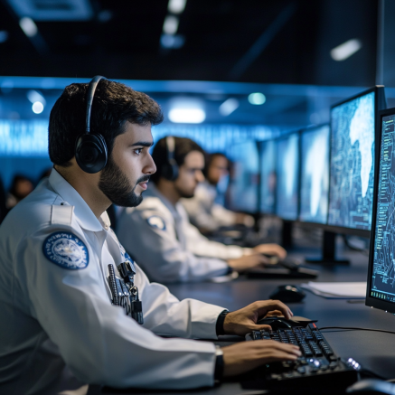 Polizeikadetten in Dubai im Überwachungszentrum Polizeikadetten in Dubai arbeiten an Überwachungscomputern in einem modernen Kontrollraum.