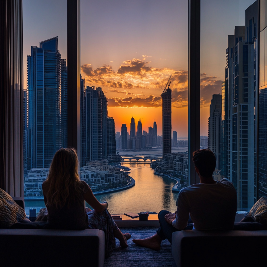 A young couple sitting in an apartment with a view of Dubai Marina at sunset.