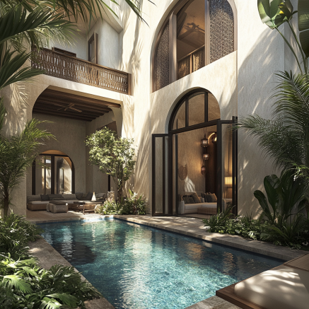 Luxusapartment mit Privatpool in Dubai Ein traditionell inspiriertes Luxusapartment in Dubai mit privatem Pool und üppigem Garten.