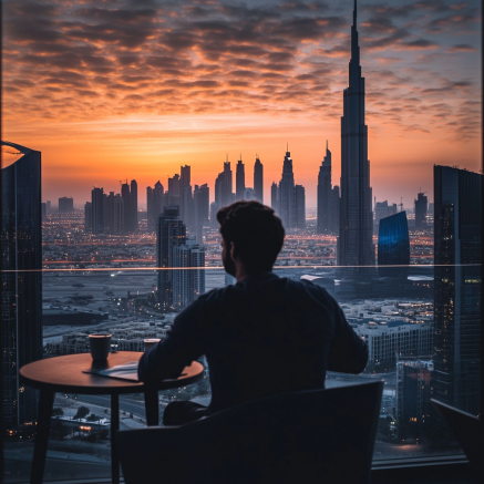 Ein Mann sitzt auf einer Terrasse und blickt bei Sonnenuntergang auf die Skyline von Dubai mit dem Burj Khalifa im Vordergrund.