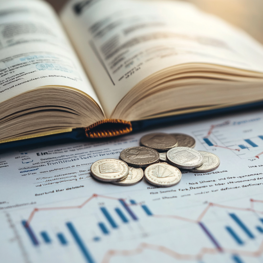 Symbolische Darstellung von Finanzen und Wissen mit Buch und Münzen Ein offenes Buch auf einem Tisch mit Münzen und Finanzdokumenten, die Diagramme und Statistiken zeigen.