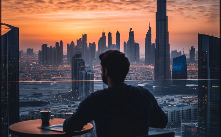 A man sitting on a terrace, looking at the Dubai skyline at sunset, with the Burj Khalifa in the foreground.