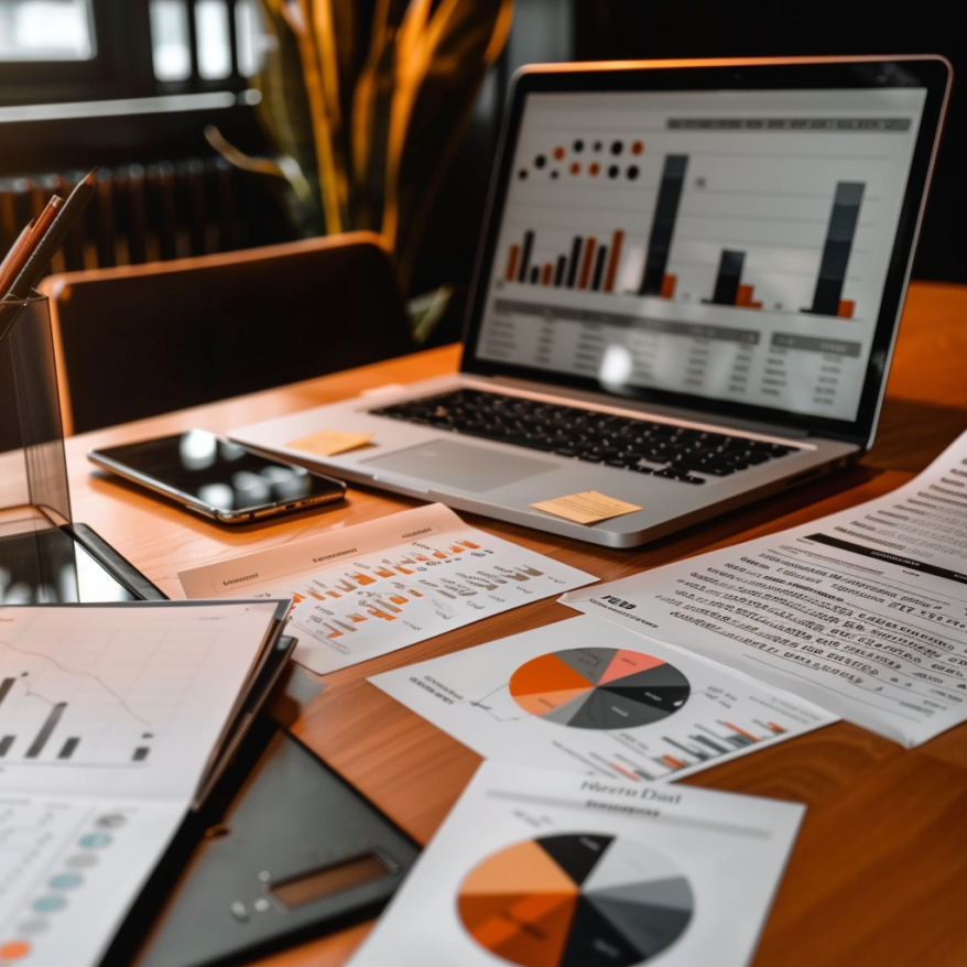 Finanzdokumente und Steuervorteile in einem modernen Büro Ein Laptop auf einem Tisch in einem modernen Büro, umgeben von verschiedenen Finanz- und Steuerdokumenten und Diagrammen.