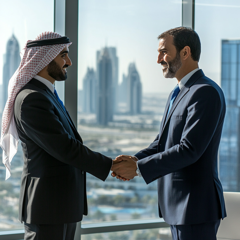 Geschäftstreffen in Dubai Ein Geschäftsmann und ein Berater, die sich in einem modernen Büro in Dubai die Hand geben, mit der Skyline im Hintergrund.