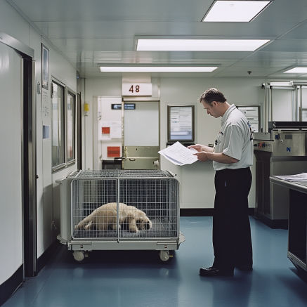Dog in Airport Cargo Section A man checks documents next to a dog in a crate at an airport cargo section.