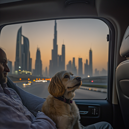 Dog in Taxi with View of Dubai Skyline A dog sits next to a man in a taxi, looking out of the window, with the Dubai skyline visible in the background.