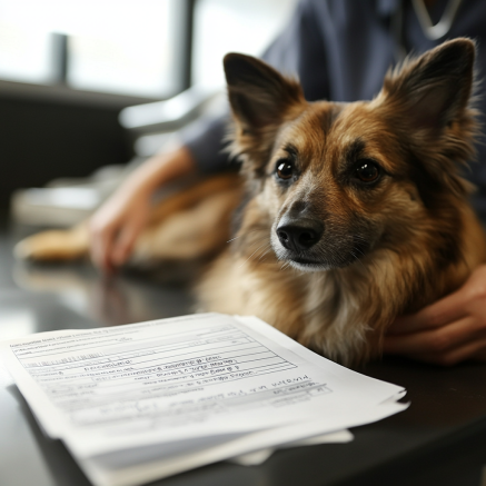 Dog with Vaccination Documents at the Vet A dog rests on a table with vaccination documents beside it.