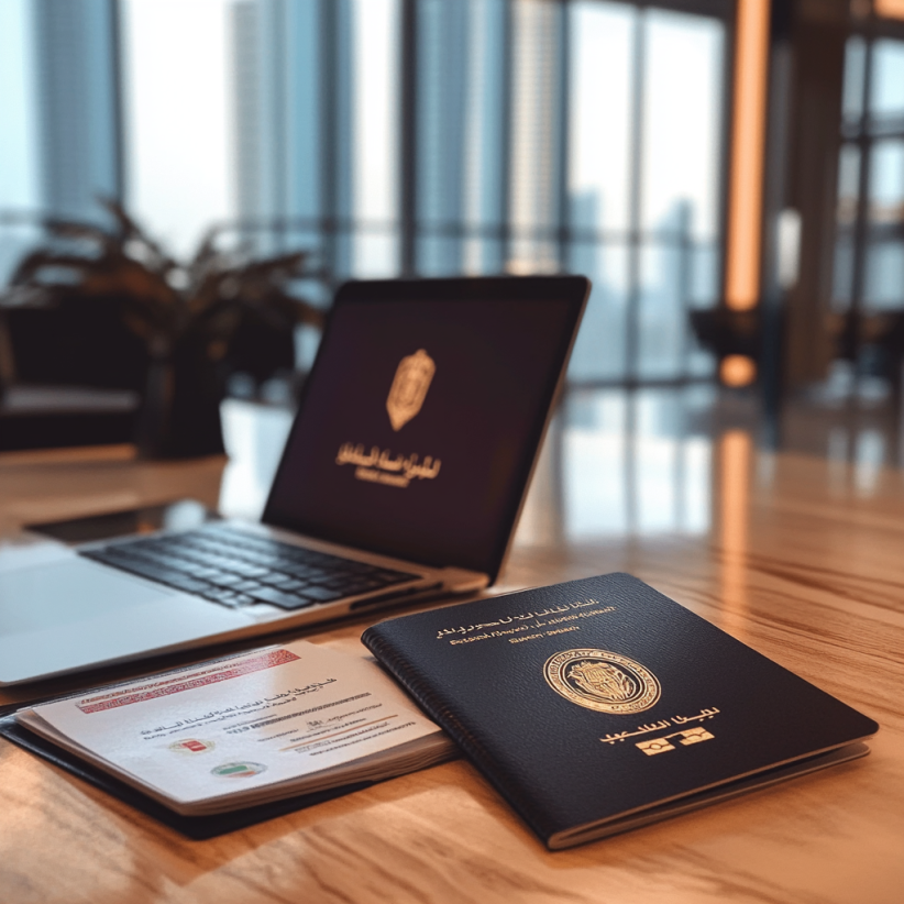 Emiratischer Reisepass und Dokumente auf einem modernen Schreibtisch Ein emiratischer Reisepass, eine Emirates-ID und ein Dokument liegen auf einem Schreibtisch neben einem Laptop.