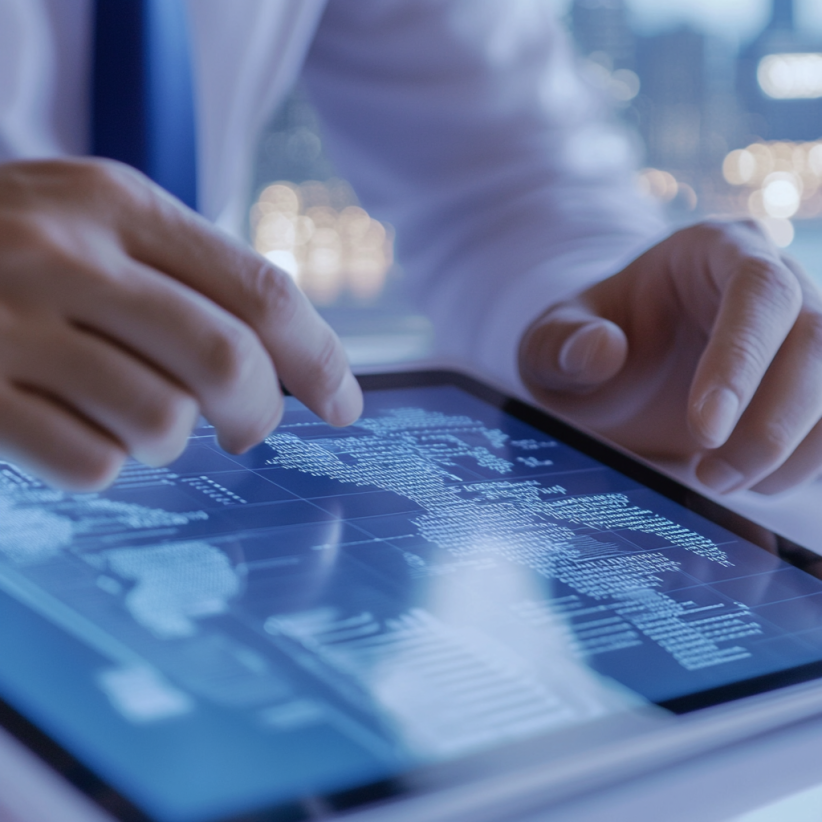 A company executive reviewing financial data on a tablet.