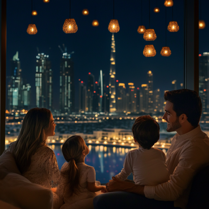 Eine Familie schaut durch ein Fenster auf die funkelnde Skyline von Dubai bei Nacht.