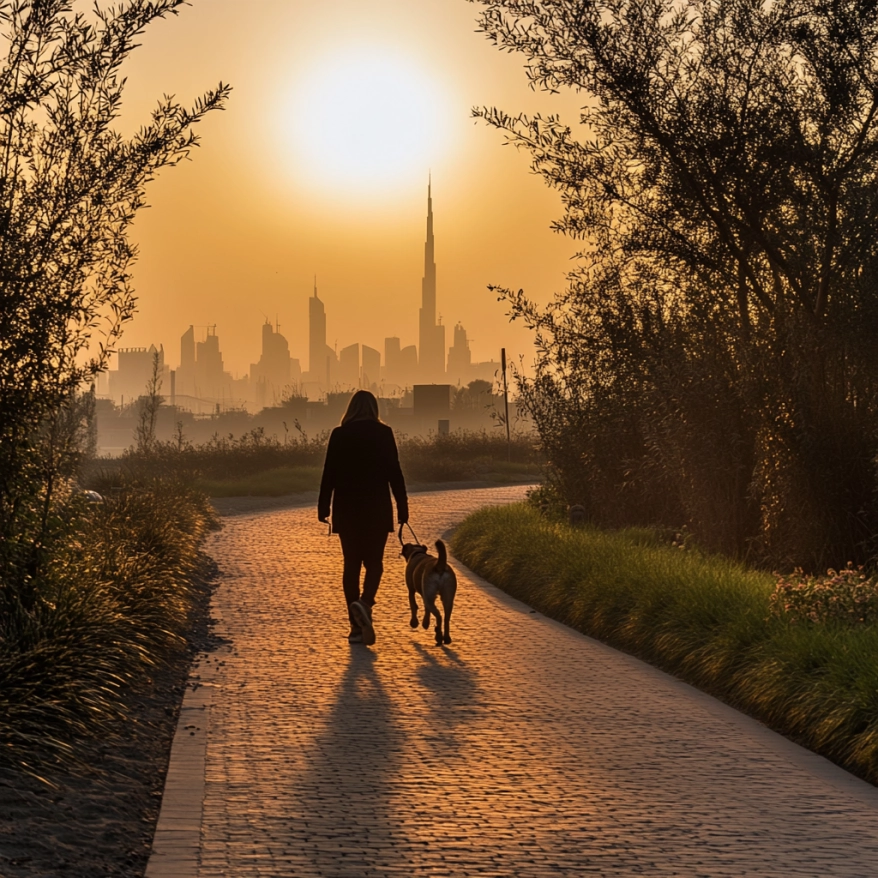 Spaziergang mit Hund bei Sonnenuntergang in Dubai Eine Person geht mit ihrem Hund bei Sonnenuntergang auf einem geschwungenen Weg, die Skyline von Dubai ist im Hintergrund sichtbar.