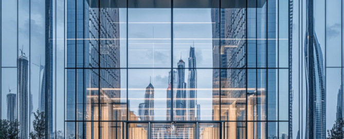 A modern bank building in Dubai with reflective glass facades and skyscrapers in the background.