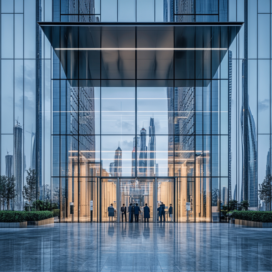 Ein modernes Bankgebäude in Dubai mit reflektierenden Glasfassaden und Wolkenkratzern im Hintergrund.