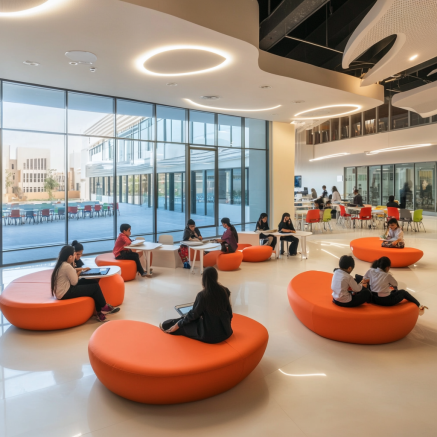 Moderne Internationale Schule in Dubai – Innenbereich Schüler sitzen in einem modernen Schulgebäude in Dubai auf orangefarbenen Sitzgelegenheiten.