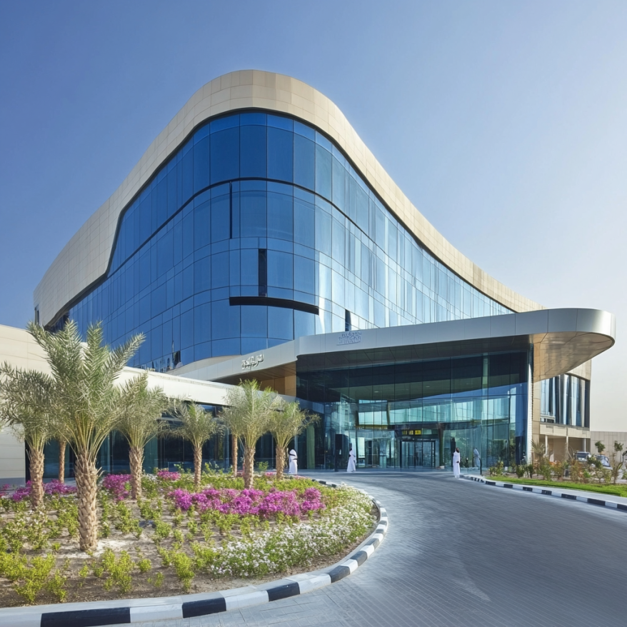 Modernes Krankenhaus in Dubai – Hochentwickelte Architektur Ein modernes Krankenhaus in Dubai mit hochentwickelter Architektur und Glasfassade.