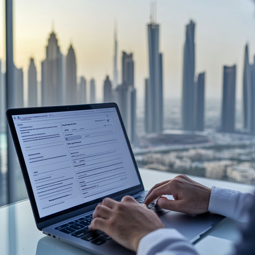 Online-Formular ausfüllen mit Blick auf die Dubai Skylin Eine Person füllt ein Online-Formular auf einem Laptop aus, im Hintergrund ist die Skyline von Dubai zu sehen.