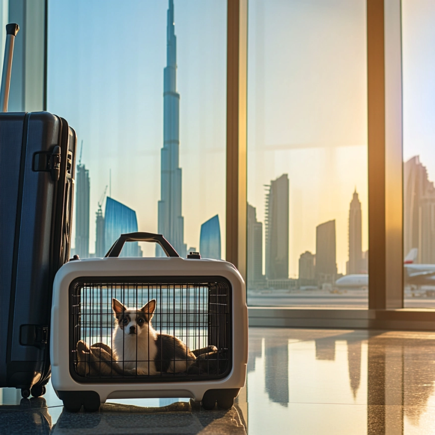 Ein kleiner Hund sitzt in einer Transportbox neben einem Koffer am Flughafen mit Blick auf die Skyline von Dubai.