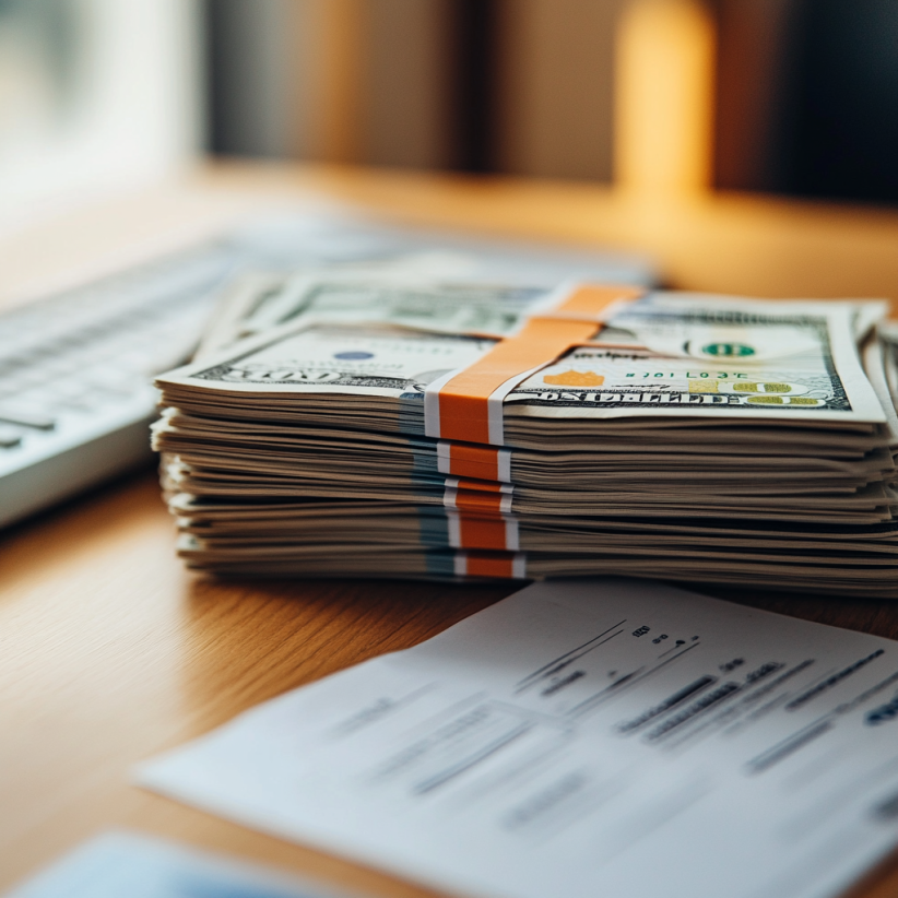 A stack of US dollar bills on a desk next to a financial document.