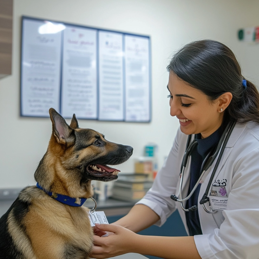 Tierärztin in Dubai verabreicht Impfung an Hund Eine Tierärztin in Dubai lächelt, während sie einem Hund eine Impfung verabreicht.