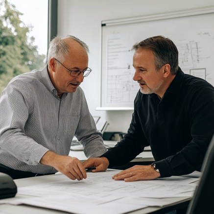 Zwei Steuerberater im Gespräch über Dokumente Zwei ältere Männer diskutieren über Dokumente auf einem Tisch in einem modernen Büro, sie scheinen intensiv in ihre Arbeit vertieft zu sein.