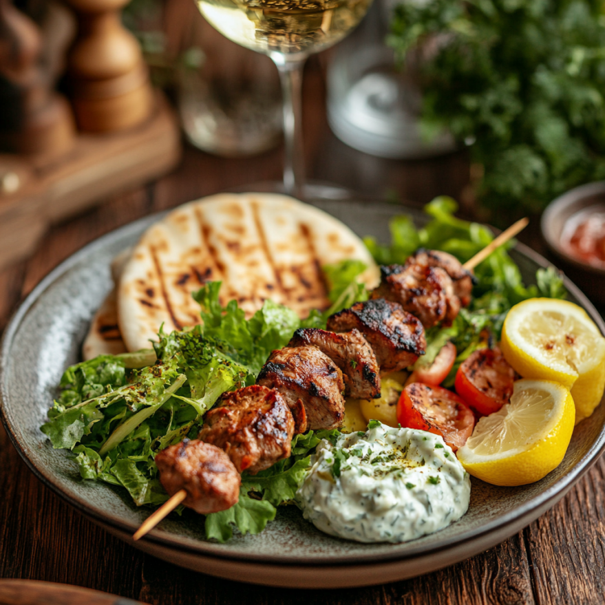 Griechisches Souvlaki – Genuss pur Griechisches Souvlaki mit Tzatziki, frischem Salat, Zitrone und Fladenbrot.