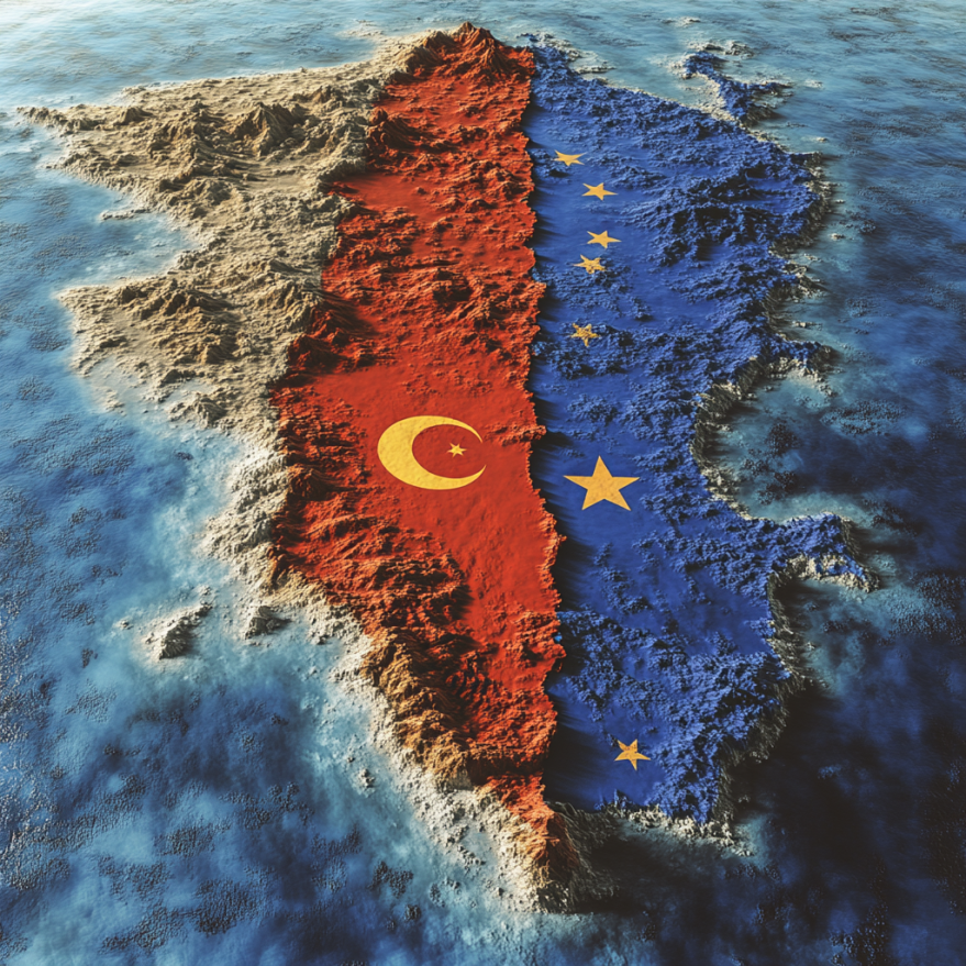 Eine dramatische Darstellung der geteilten Insel Zypern in Form einer topografischen Karte, aufgeteilt in eine rote, mit dem Halbmond und Stern der Türkei symbolisierte Seite und eine blaue, mit gelben Sternen der EU symbolisierte Seite.