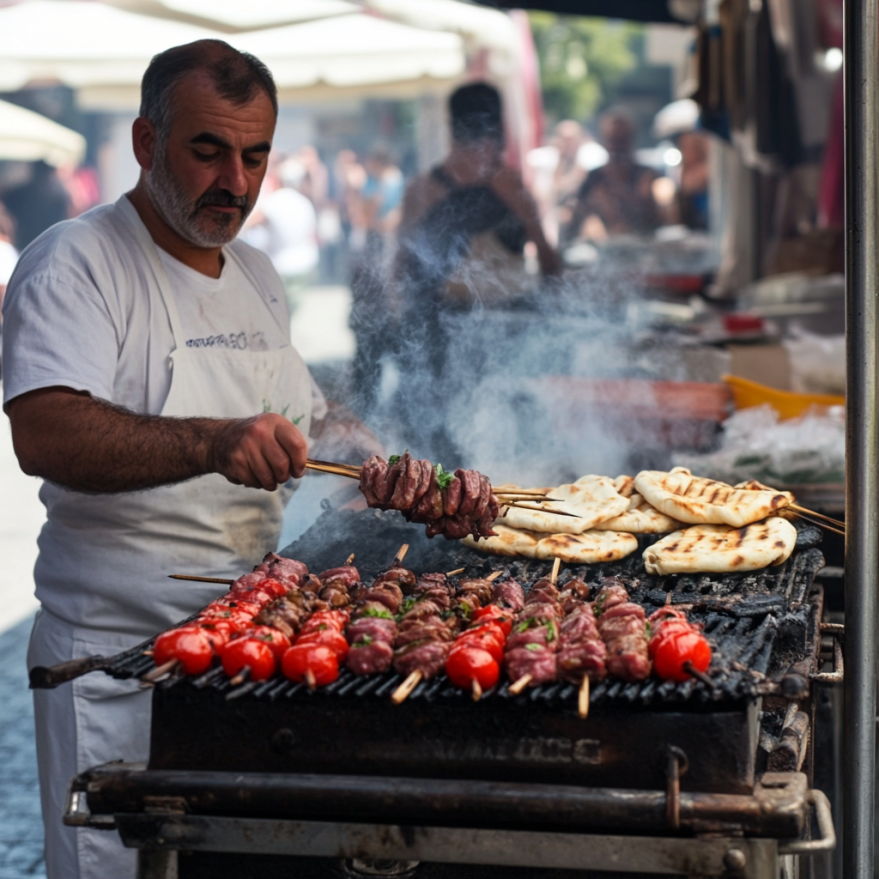 Authentische zypriotische Streetfood-Erfahrung Ein Grillstand auf einem zypriotischen Markt mit einem Koch, der Fleischspieße zubereitet.