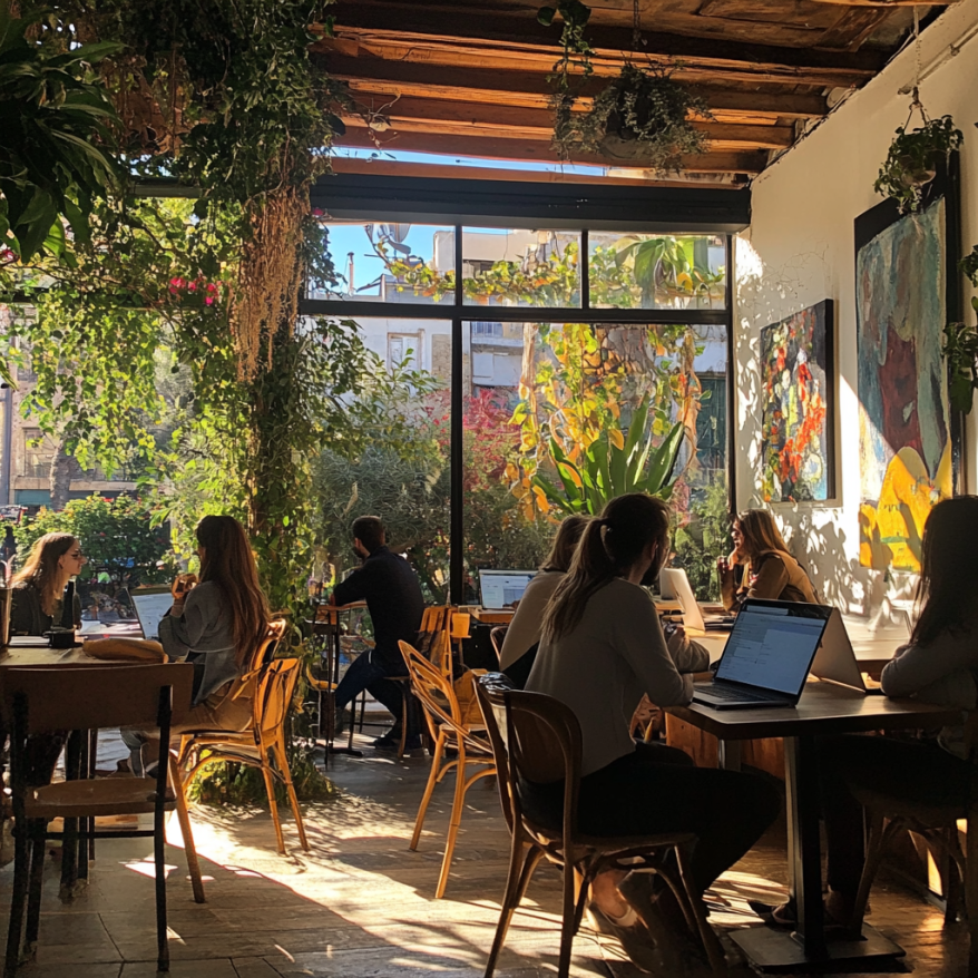 Menschen in einem gemütlichen Café auf Zypern, einige mit Laptops arbeitend, umgeben von üppigen Pflanzen und natürlichem Licht.