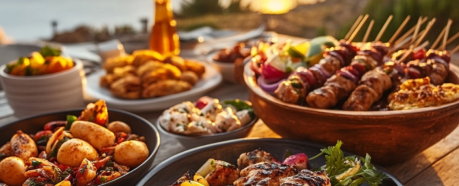 Mediterranean dishes at sunset with grilled meat, vegetables, and side dishes.