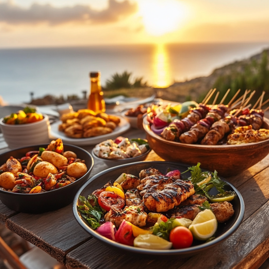 Mediterrane Speisen bei Sonnenuntergang mit gegrilltem Fleisch, Gemüse und Beilagen.