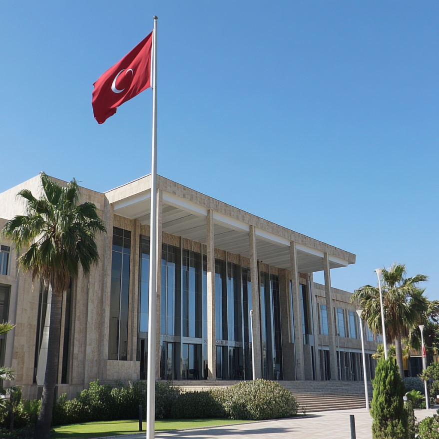 Regierungsgebäude in Nordzypern mit einer türkischen Flagge im Vordergrund.