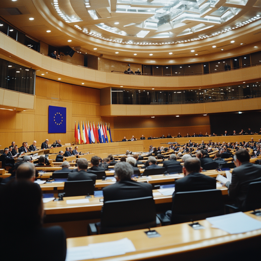 Sitzung des Europäischen Parlaments mit Regierungsvertretern und Fahnen verschiedener EU-Mitgliedstaaten.