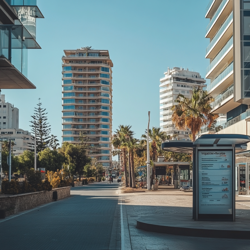 Eine städtische Szene in Limassol mit modernen Hochhäusern, Palmen und einem Informationskiosk im Vordergrund.
