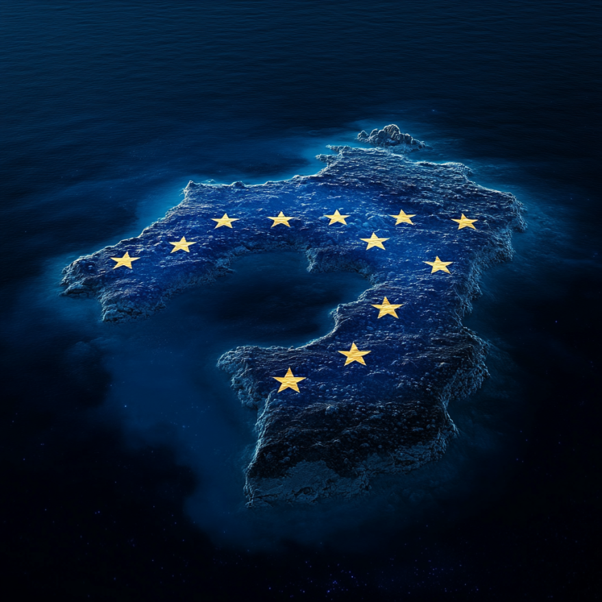 Symbolische Darstellung von Zypern mit auf die Insel projizierter EU-Flagge.