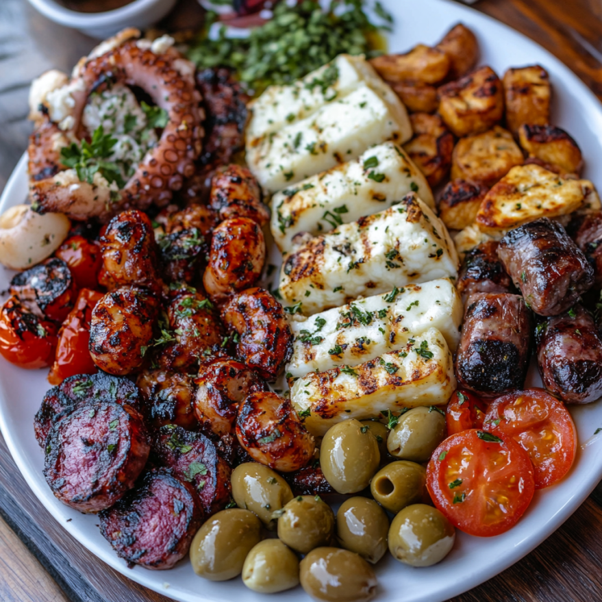Traditionelle zypriotische Meze-Platte Eine zypriotische Meze-Platte mit gegrilltem Halloumi, Loukaniko-Wurst, Tintenfisch und Oliven.